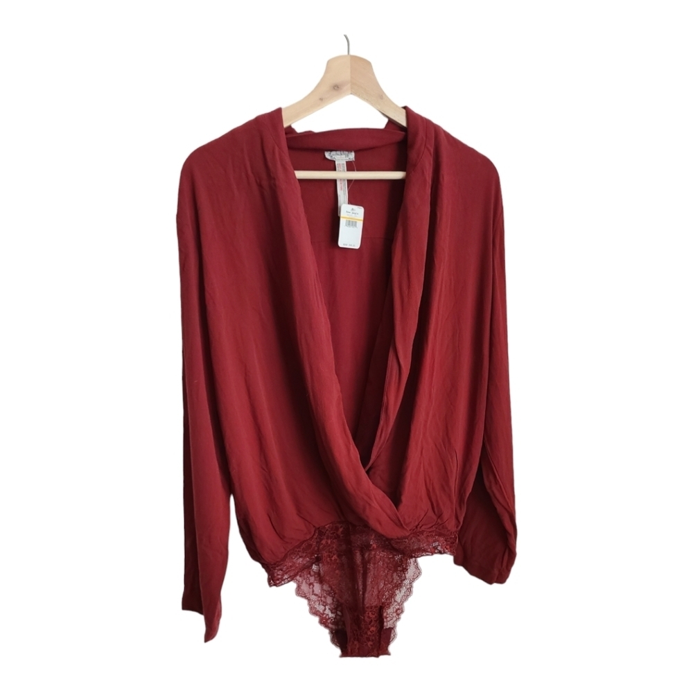 Free People Intimately Bodysuit Red Surplice Lace Neck  S NWT New